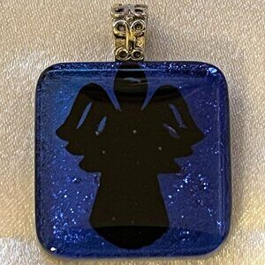 Deep Blue Dichroic Glass Angel Silhouette Pendant • 1” Square